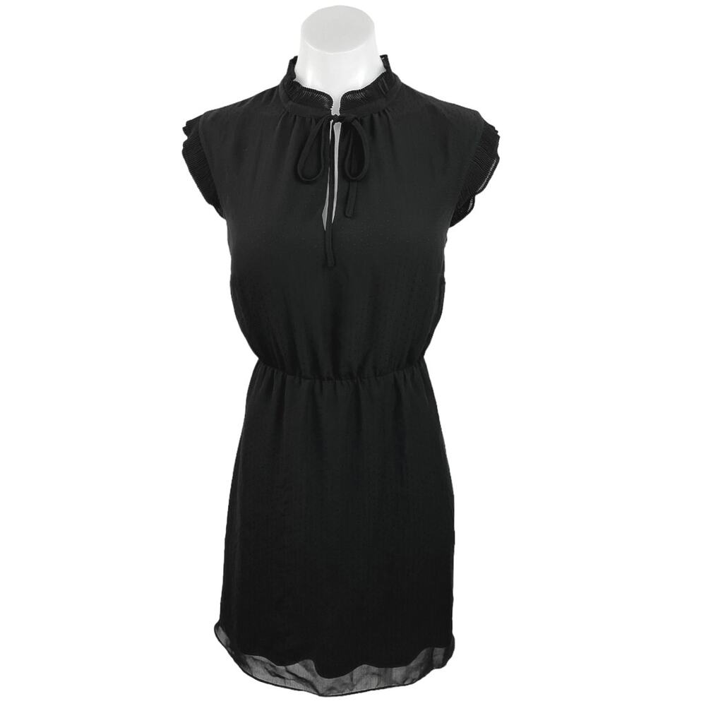 H&M Black Ruffle Sleeves Mock Neck Tie Front Elastic Waist Mini Career Dress 4